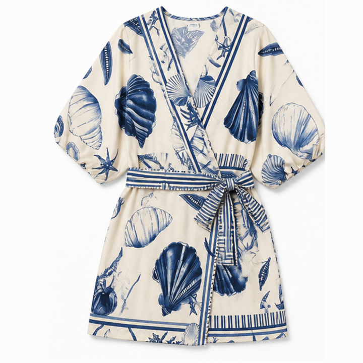 Shellini™ – Coastal Shell Print Wrap Romper