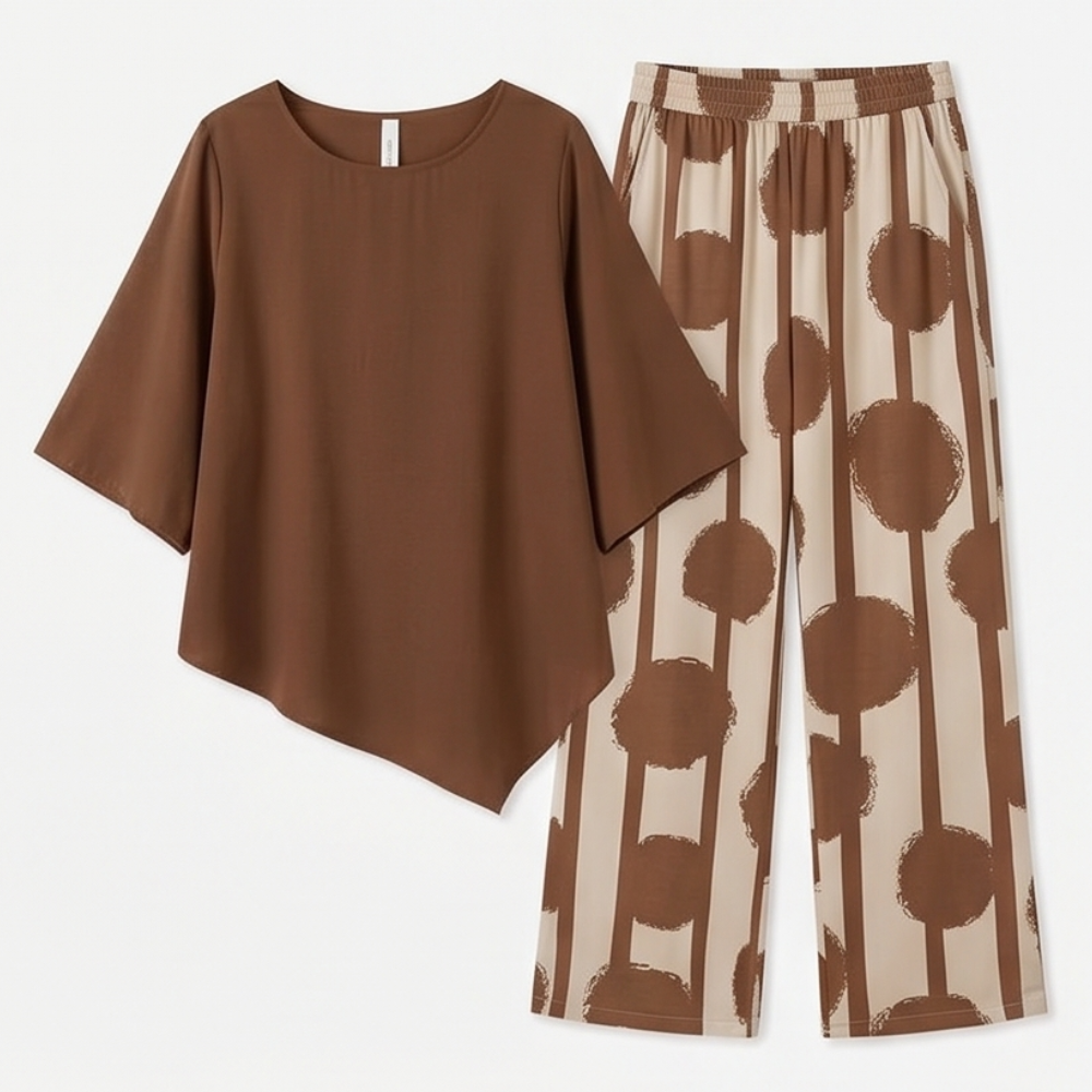 Luna™ – Asymmetric Drape 2-Piece Set with Wide-Leg Print Pants