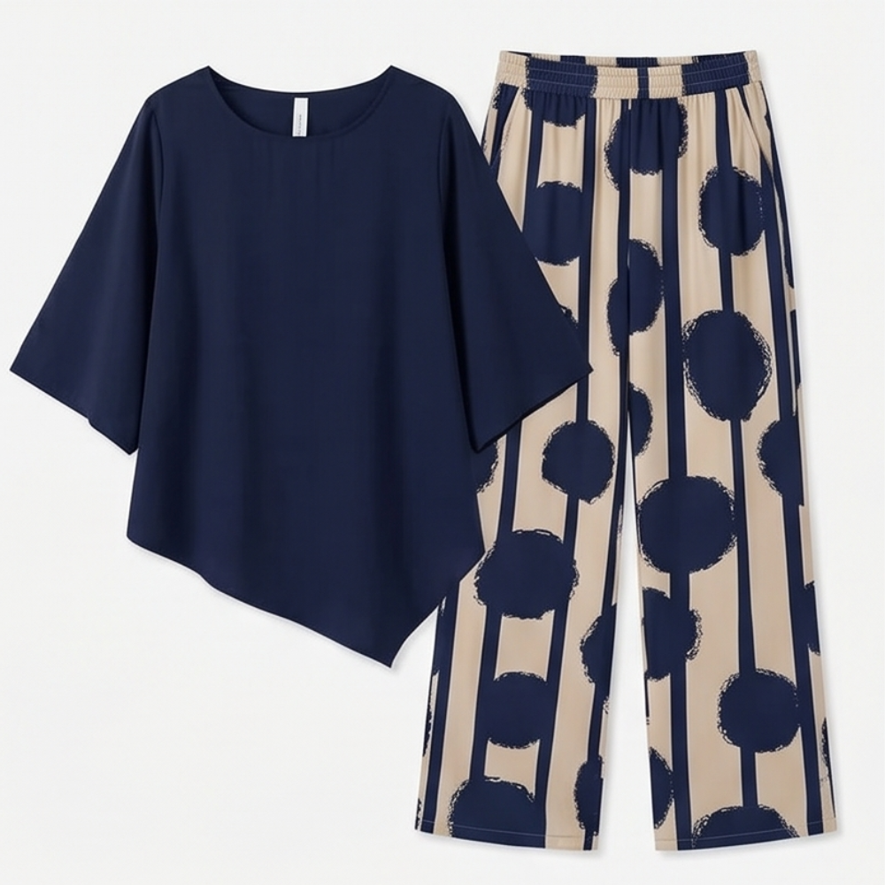 Luna™ – Asymmetric Drape 2-Piece Set with Wide-Leg Print Pants