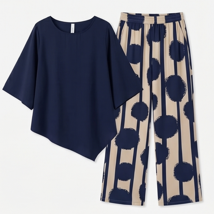 Luna™ – Asymmetric Drape 2-Piece Set with Wide-Leg Print Pants