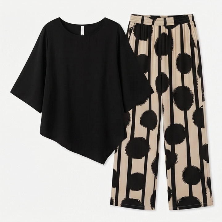 Luna™ – Asymmetric Drape 2-Piece Set with Wide-Leg Print Pants