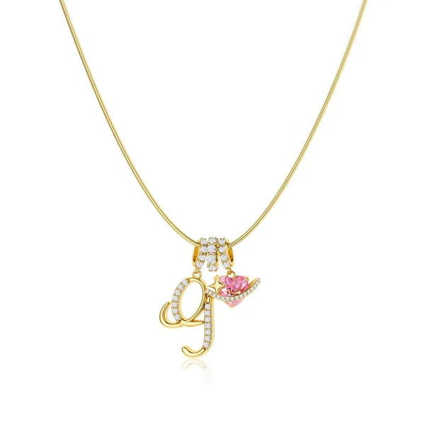 LUMARA™ - 3-Layer Initial Necklace with Pink Heart Zircon