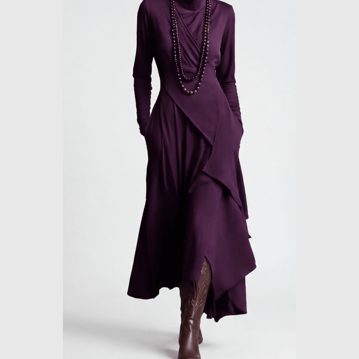 Florenne™ – Asymmetrical Draped High Neck Maxi Dress