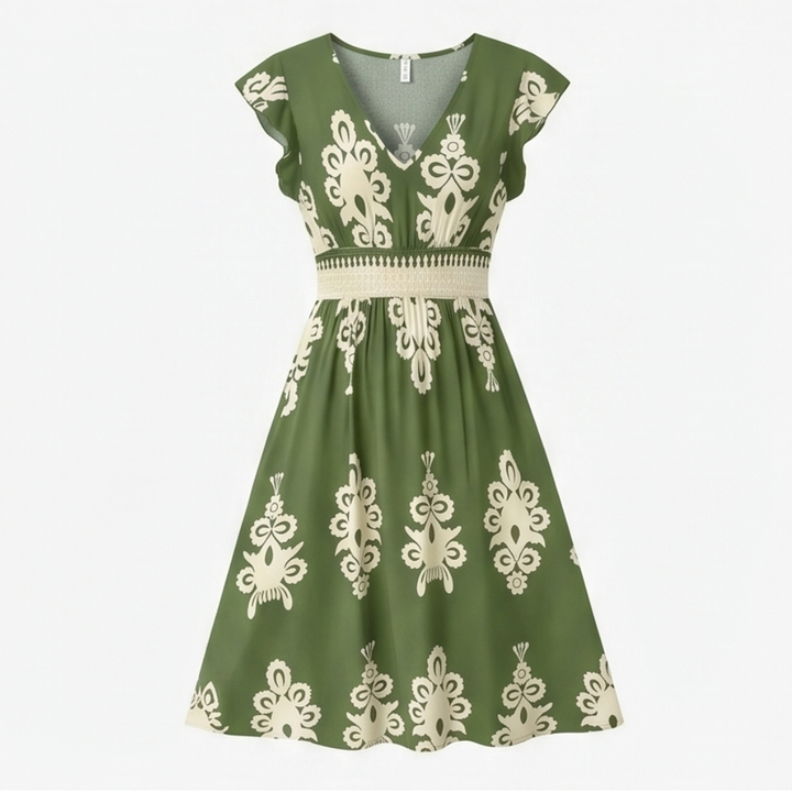 Osyrel™ – Damask Print Midi Dress with V-Neck