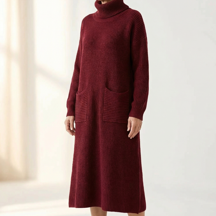 Velara™ - Relaxed Turtleneck Sweater Dress with Pockets