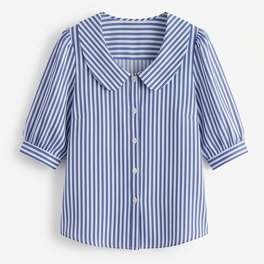 Solène™ Striped Sailor Collar Blouse with Puff Sleeves