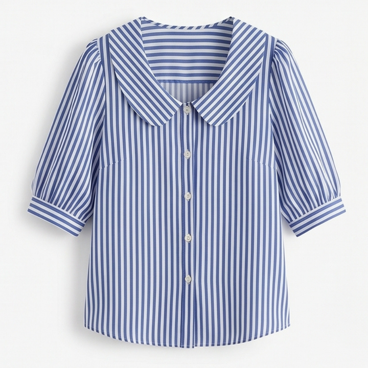 Solène™ Striped Sailor Collar Blouse with Puff Sleeves