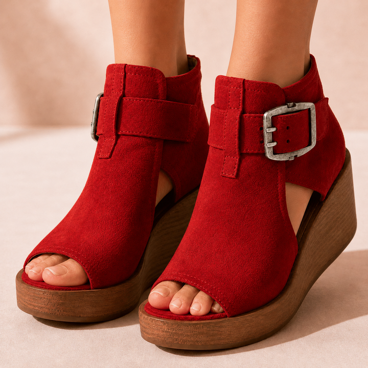Elsera™ – Peep-Toe Platform Wedges with Buckle Detail