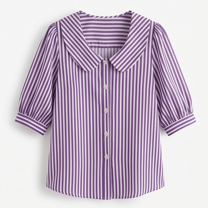 Solène™ Striped Sailor Collar Blouse with Puff Sleeves