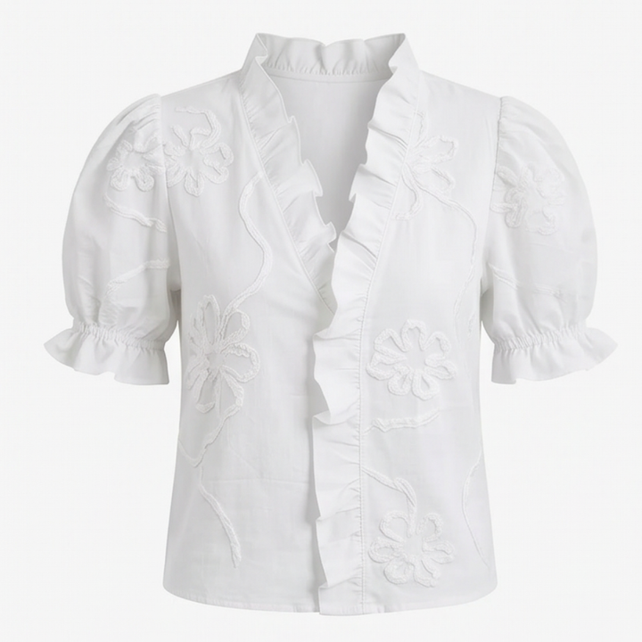 Belvera™ Romantic Ruffled V-Neck Blouse with Puff Sleeves