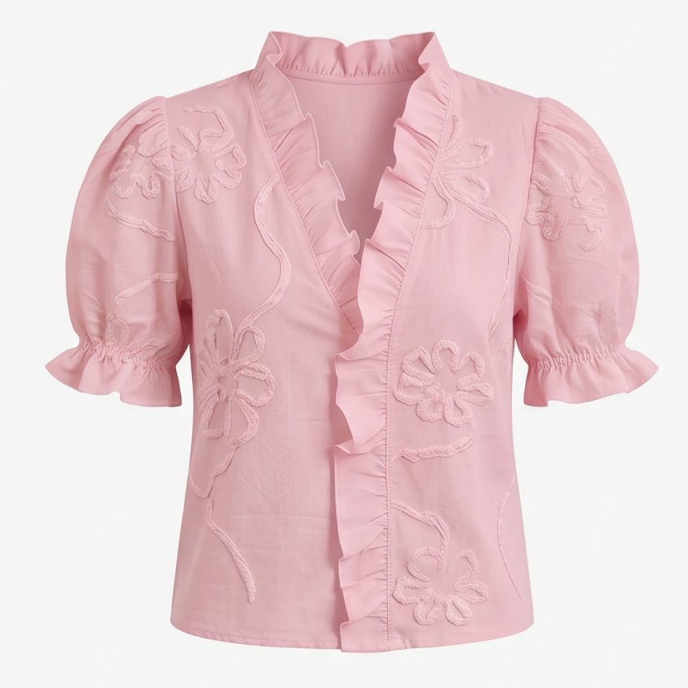 Belvera™ Romantic Ruffled V-Neck Blouse with Puff Sleeves