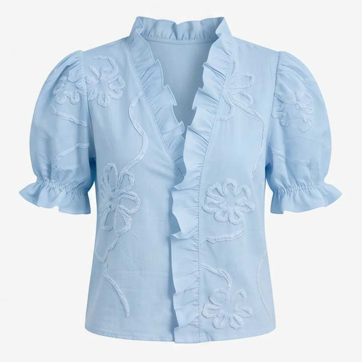 Belvera™ Romantic Ruffled V-Neck Blouse with Puff Sleeves