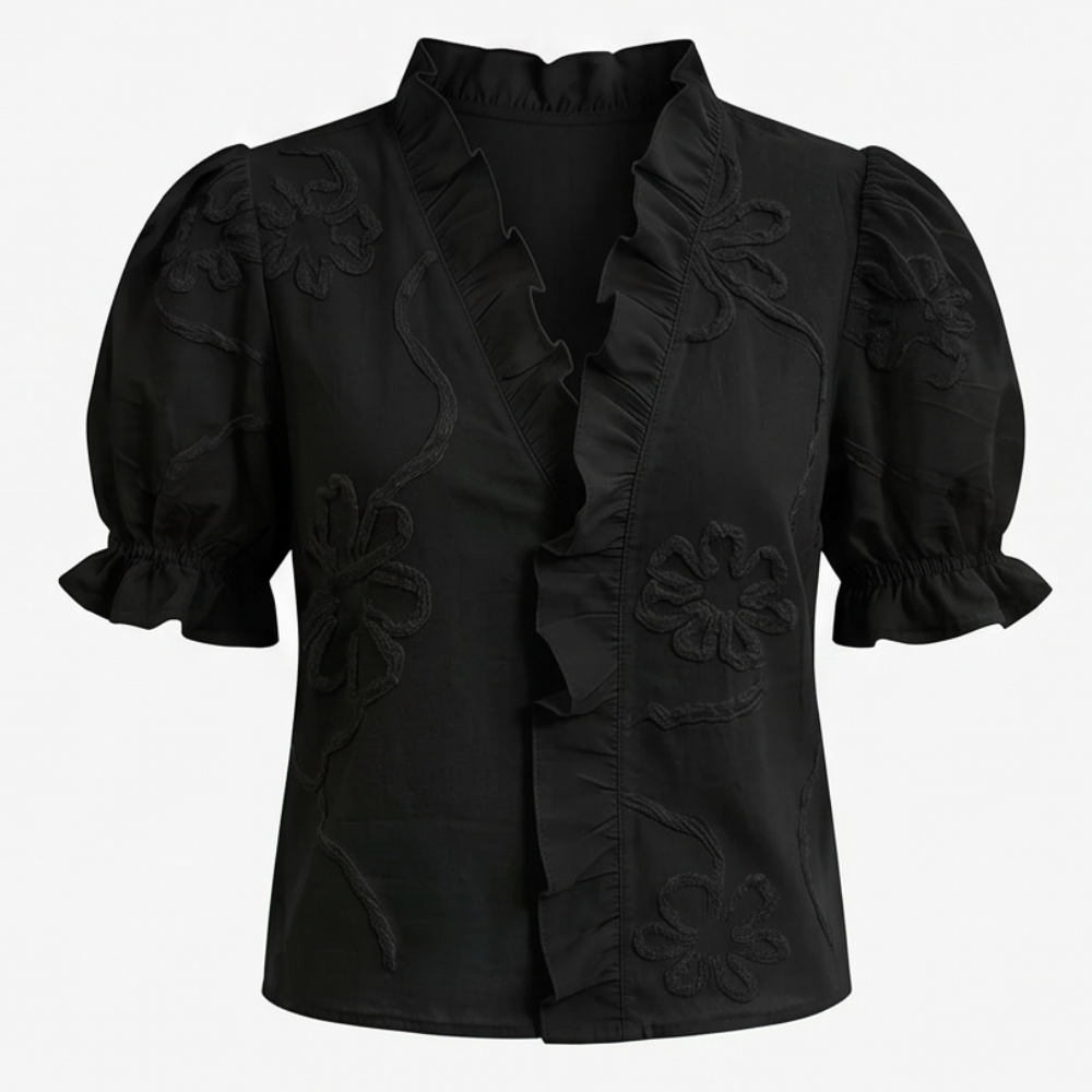Belvera™ Romantic Ruffled V-Neck Blouse with Puff Sleeves
