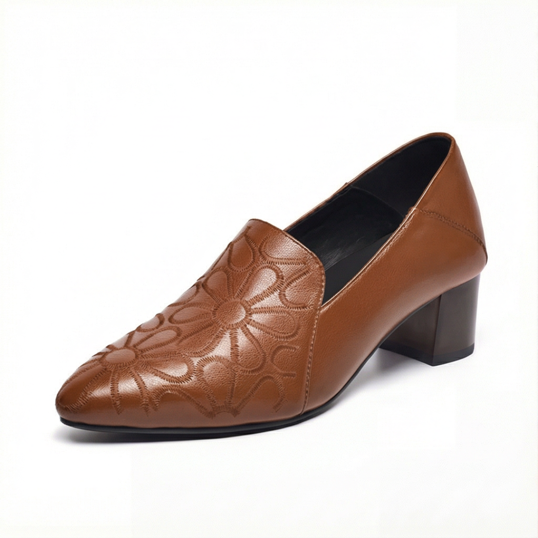 Floressa™ – Embroidered Leather Pumps with Cushioned Heel