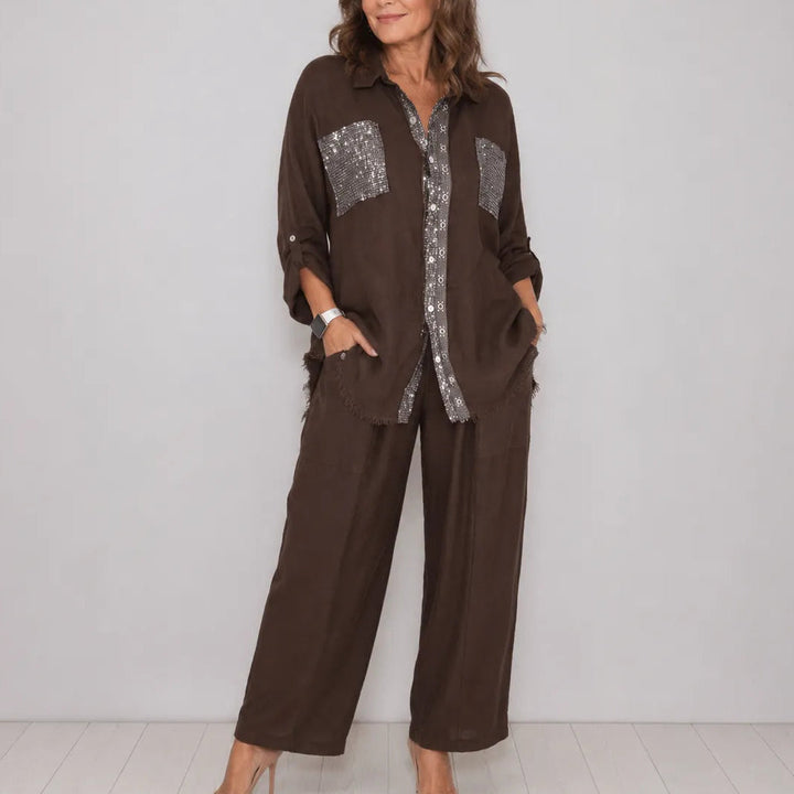 Solencia – Shimmer Pocket Shirt and Wide-Leg Pants Set