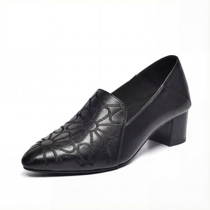 Floressa™ – Embroidered Leather Pumps with Cushioned Heel