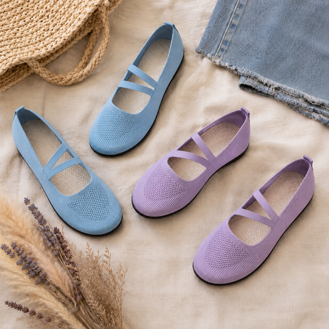 Soffea – Knit Mary Jane Flats with Elastic Straps for Women, Slip On Breathable Ballet Shoes