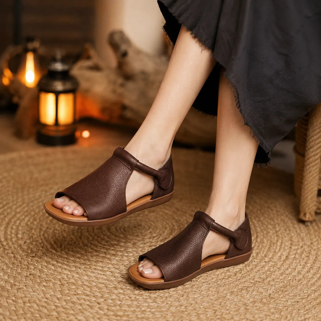 Solene – Pebbled PU T-Strap Flat Sandals for Women, Slip-On Open Toe Summer Shoes