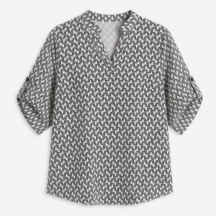 Lunavia™ Geometric V-Neck Blouse with Roll-Tab Sleeves