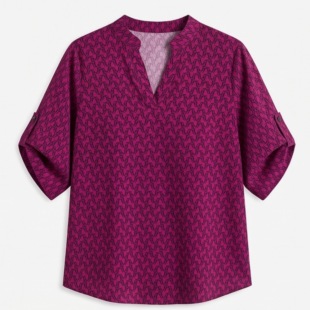 Lunavia™ Geometric V-Neck Blouse with Roll-Tab Sleeves
