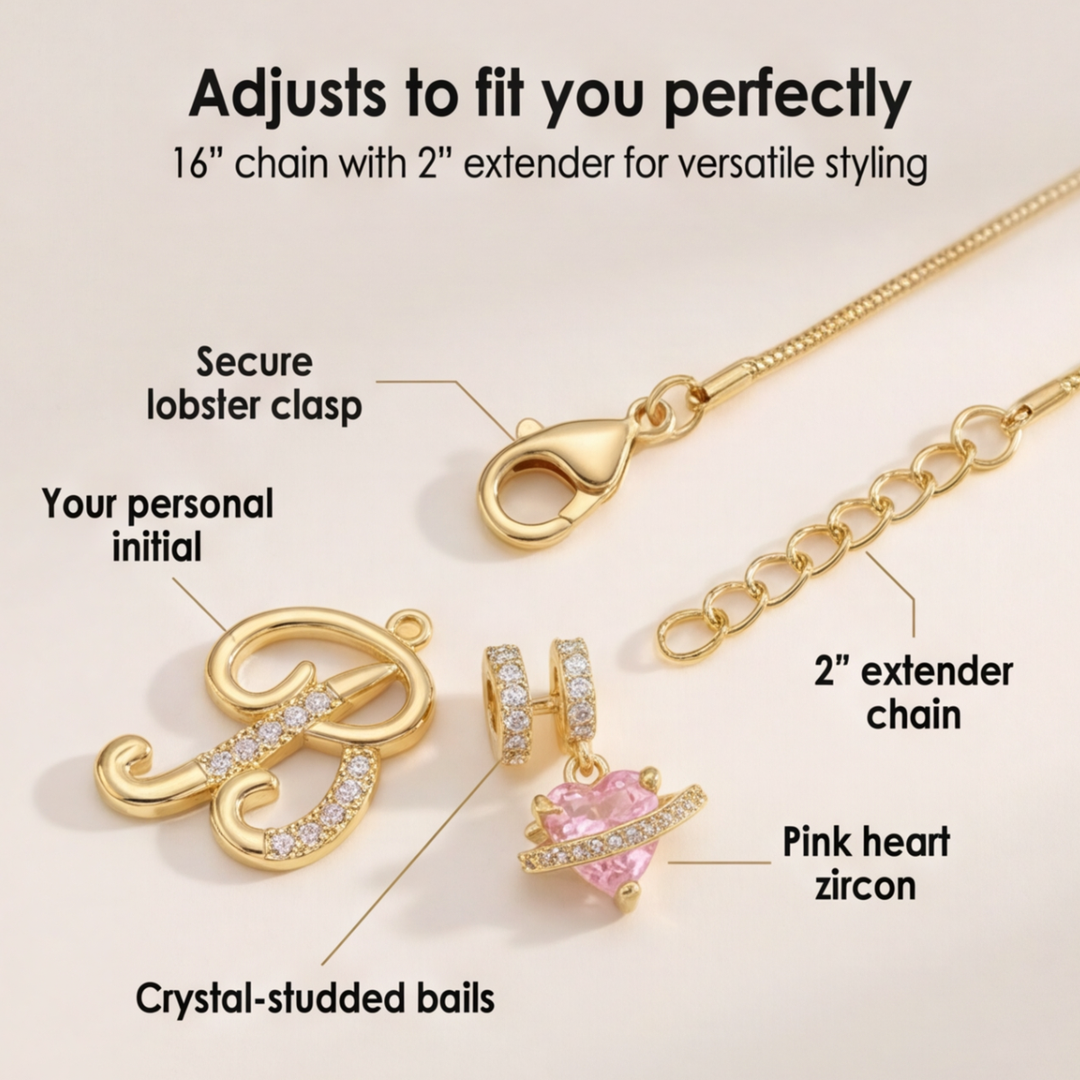 LUMARA™ - 3-Layer Initial Necklace with Pink Heart Zircon