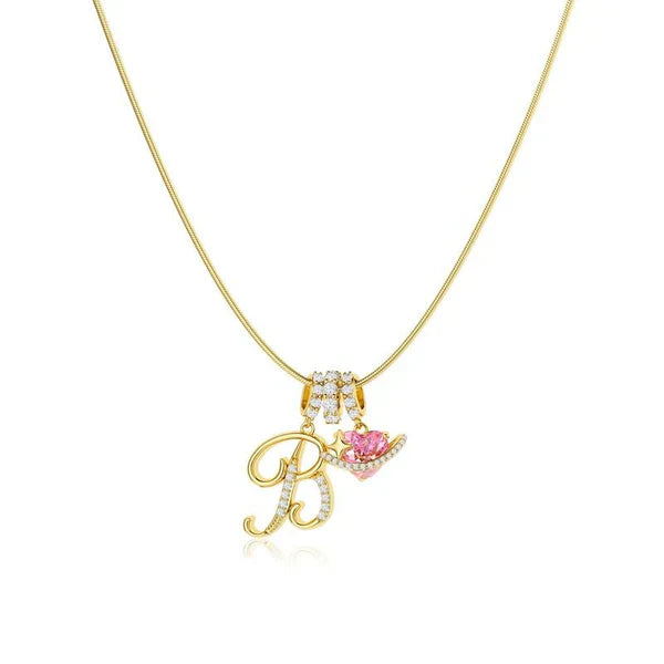 LUMARA™ - 3-Layer Initial Necklace with Pink Heart Zircon