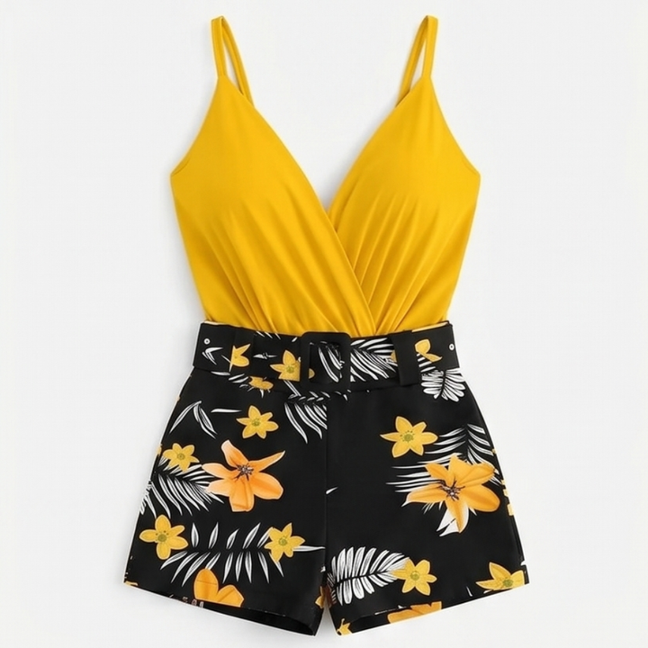 Clarendale™ Wrap V-Neck Summer Set with Floral Shorts