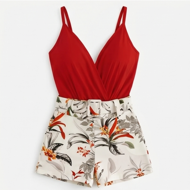 Clarendale™ Wrap V-Neck Summer Set with Floral Shorts