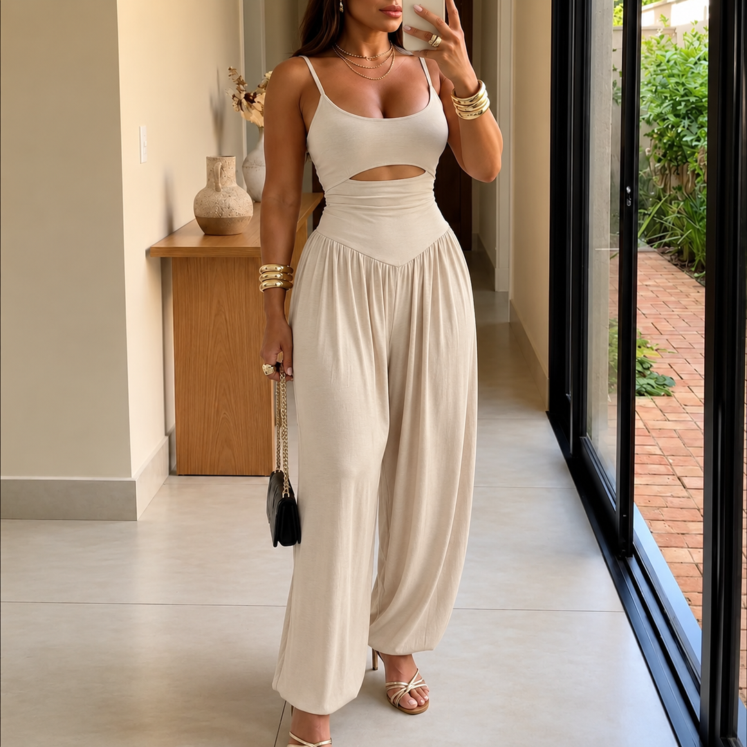 Florenza – Sleeveless Cutout Wide Leg Jumpsuit with Adjustable Back Tie