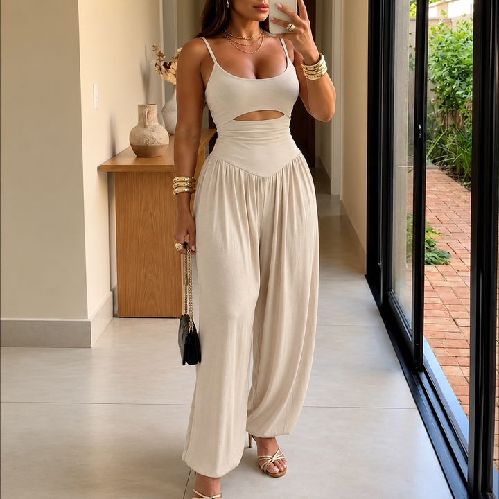 Florenza – Sleeveless Cutout Wide Leg Jumpsuit with Adjustable Back Tie