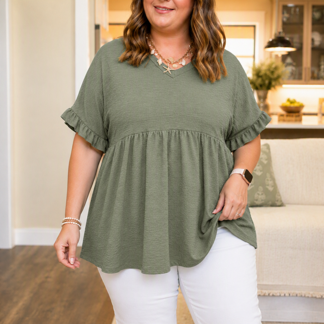 Vivelyn – Flowy V-Neck Babydoll Blouse with Flutter Sleeves