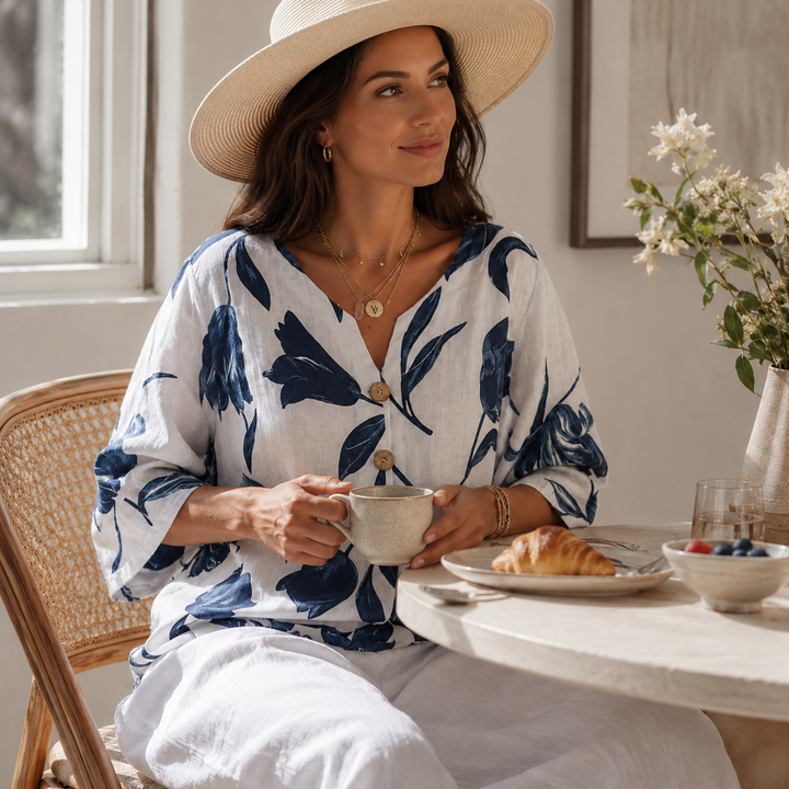Florelle™ – Floral Linen V-Neck Popover Blouse with 3/4 Sleeves