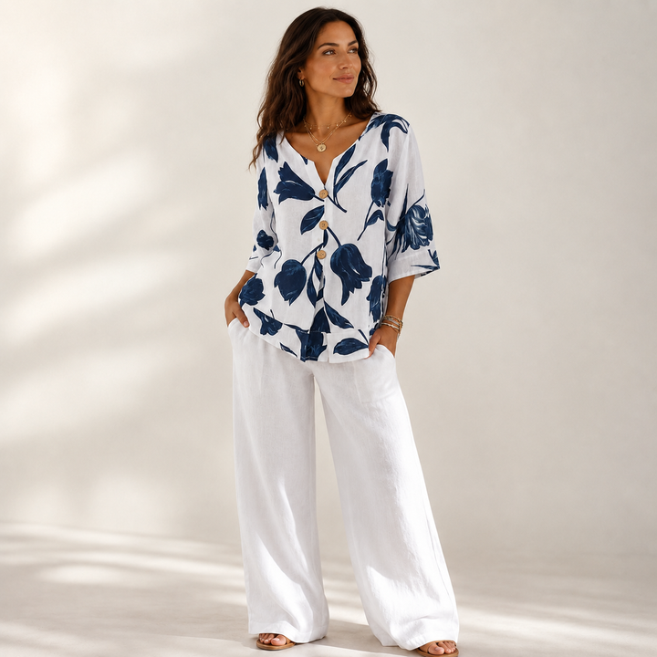 Florelle™ – Floral Linen V-Neck Popover Blouse with 3/4 Sleeves