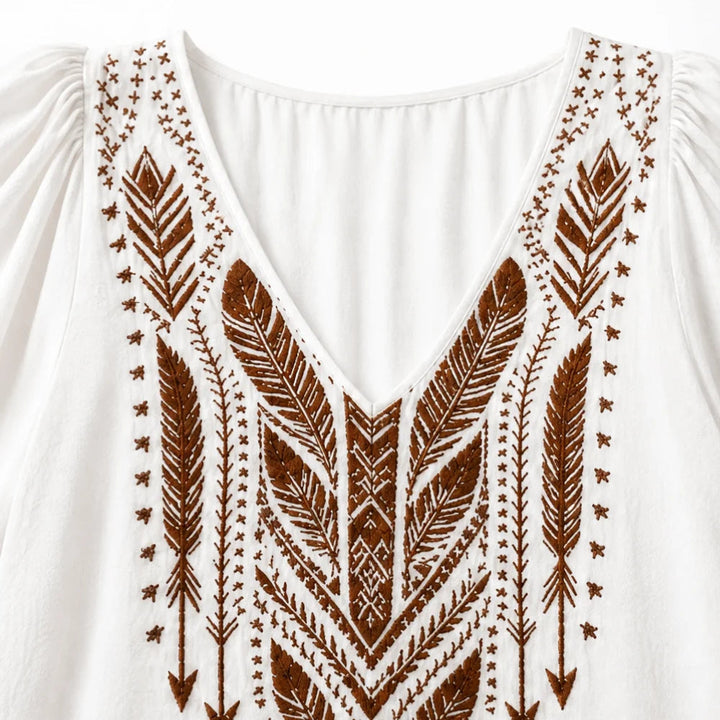 Soluna – Embroidered Boho Blouse, V-Neck, Balloon Sleeve