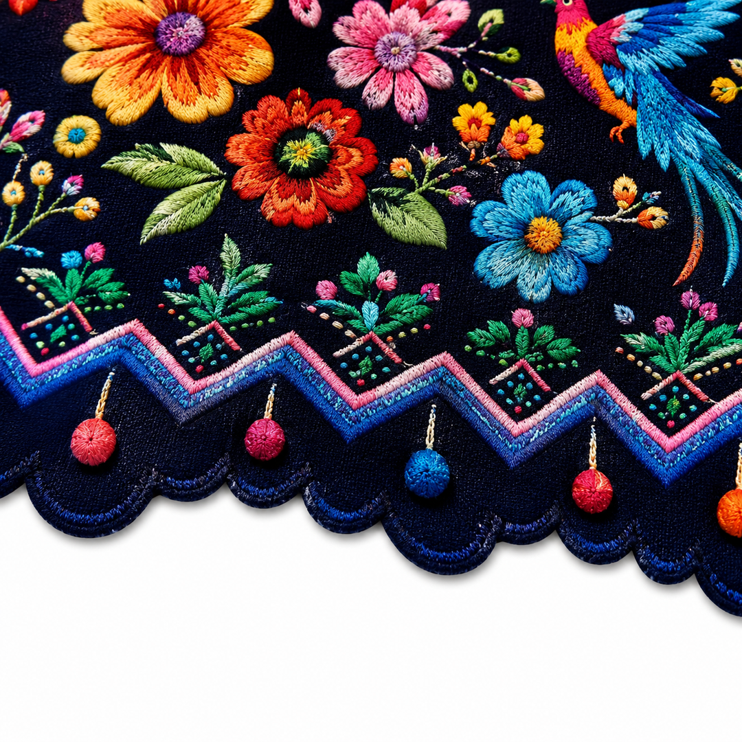 Casamora – Mexican Floral Embroidered Tablecloth with Scalloped Edge