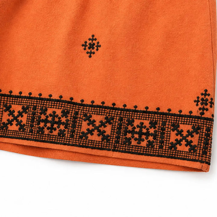Solara – Embroidered Border Boho Two-Piece Set, Sleeveless Top & High-Waisted Shorts