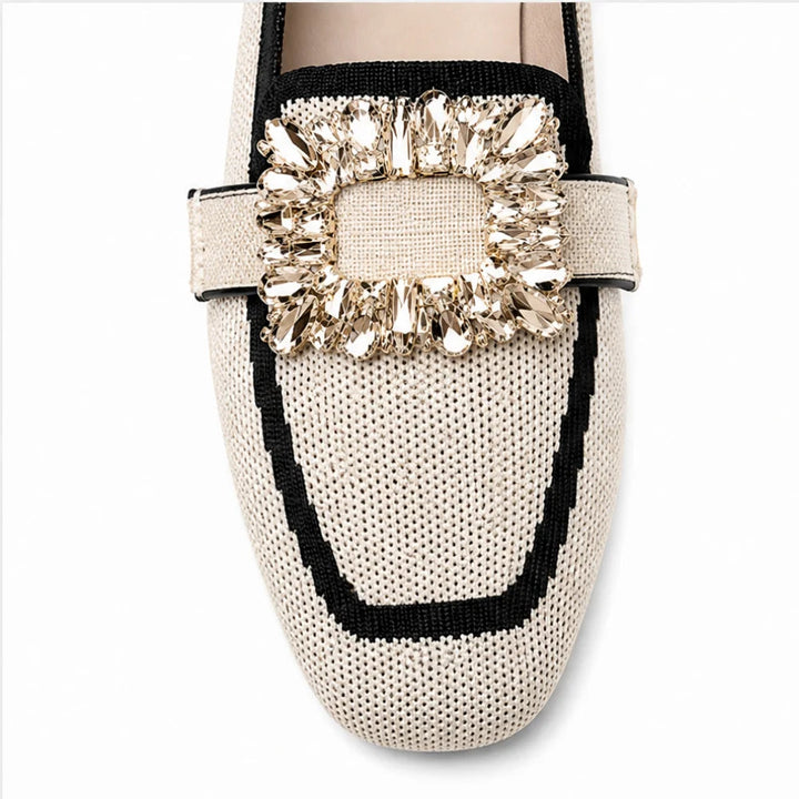 Vellora – Crystal Buckle Knit Loafers, Square Toe Slip-On Flats for Women