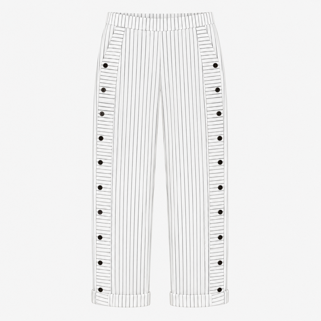 Coastlyn™ – Striped Cotton Pants with Button Trim
