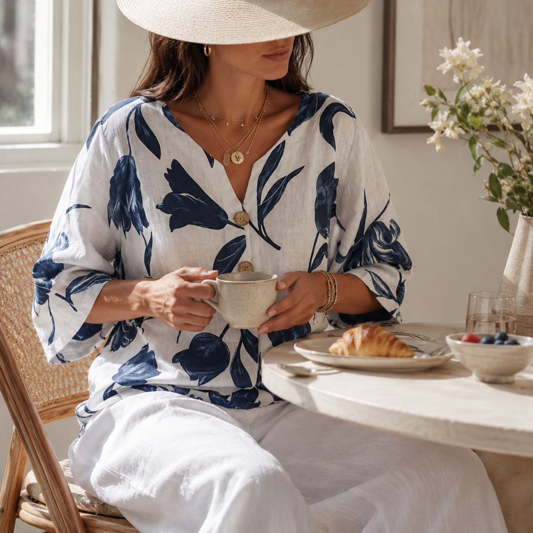 Florelle™ – Floral Linen V-Neck Popover Blouse with 3/4 Sleeves
