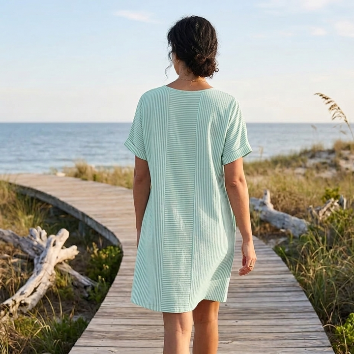 Lunavia™ - Striped Button-Placket Mini Dress with Pockets