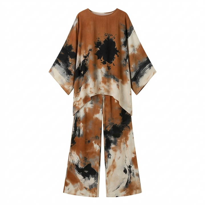 Aterra™ - Artistic Watercolor Tunic and Wide Leg Pants Set