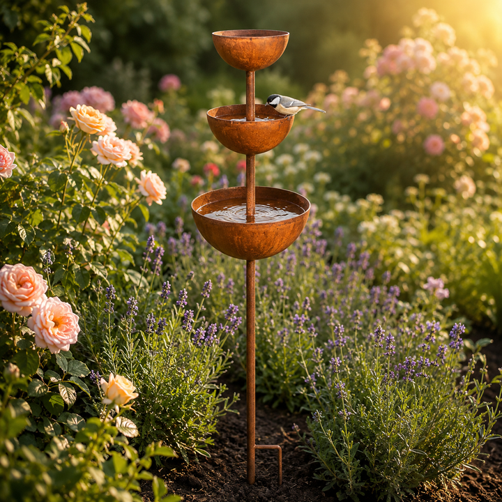 Birdwell™ – Rustic Iron Bird Bath Garden Stake with 3 Cascading Bowls
