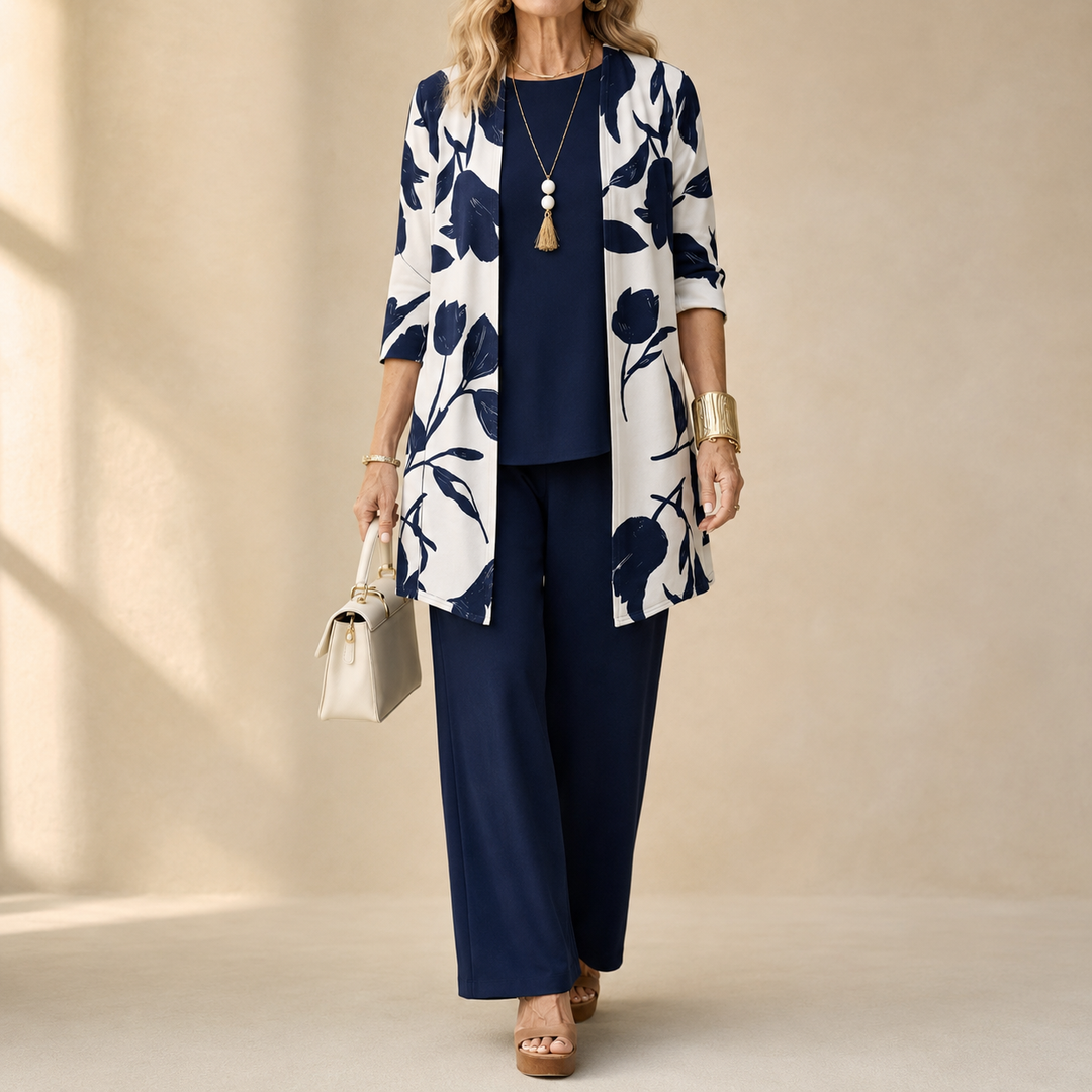 Evania™ – Women's Navy Botanical 3 Piece Outfit Set with Longline Cardigan