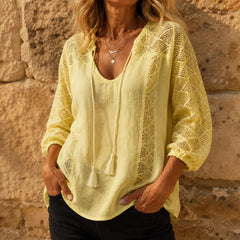 Soraya – Boho Lace Look Blouse with Tassel Tie U-Neck