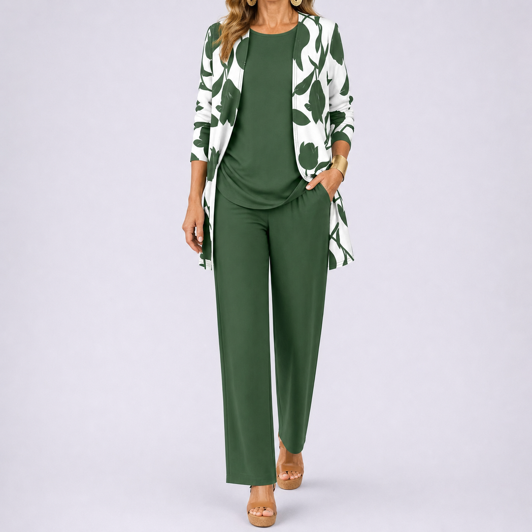 Brenda™ – Women's 3 Piece Set with Floral Cardigan, Scoop Top and Wide Leg Trousers