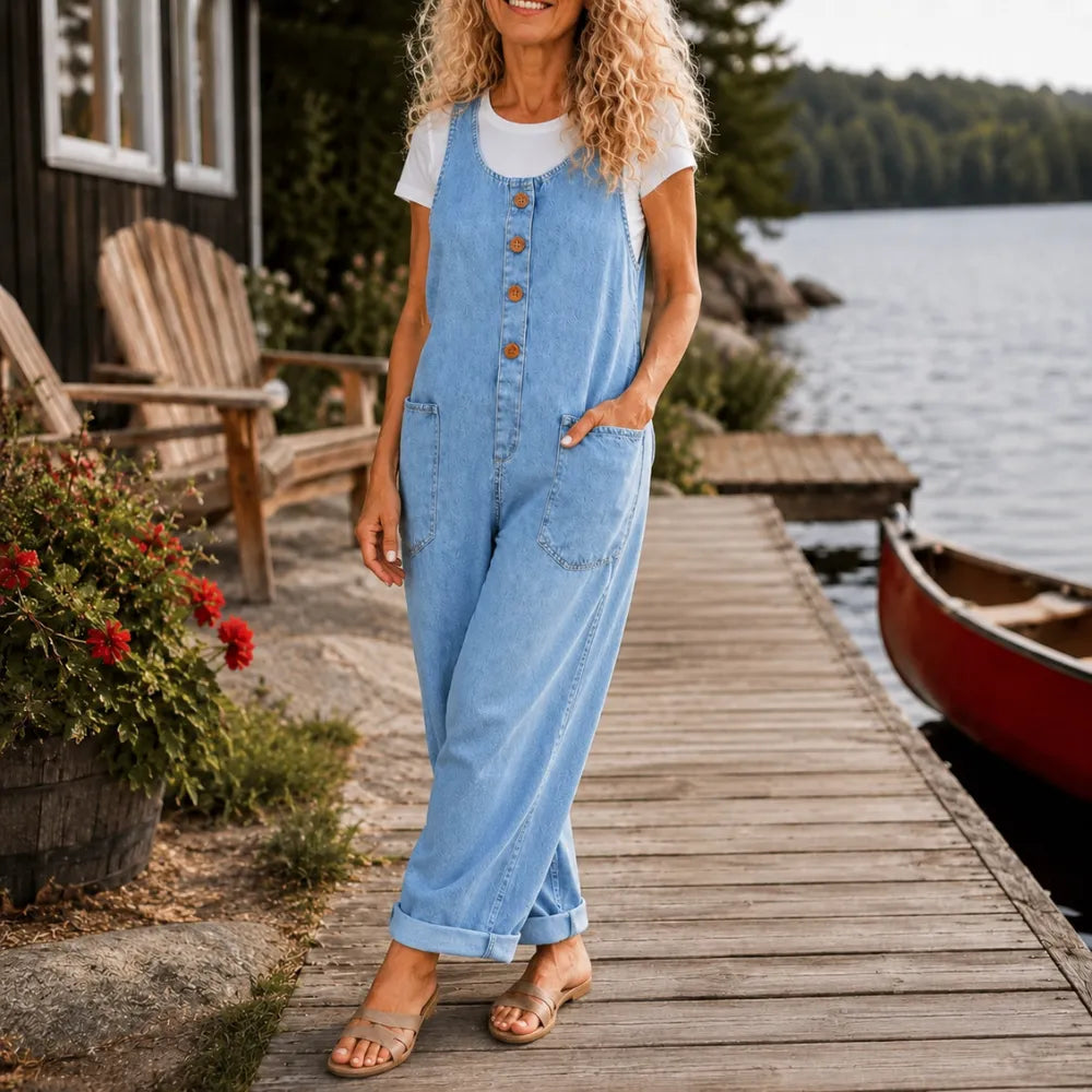 Lora – Vintage Denim Overalls with Button Front and Patch Pockets