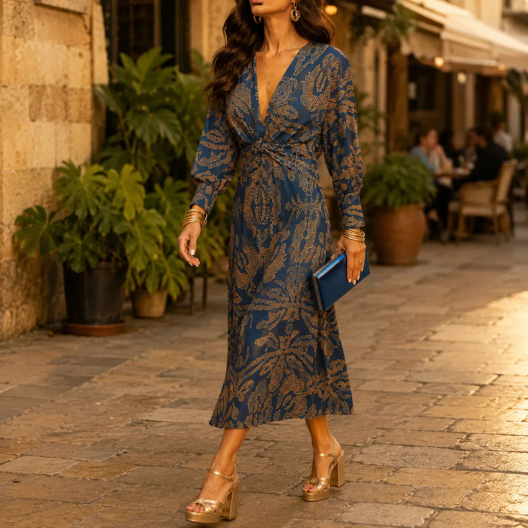 Florenza – Baroque Print Twist-Front Wrap Midi Dress