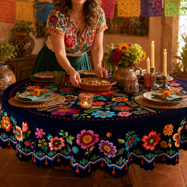 Casamora – Mexican Floral Embroidered Tablecloth with Scalloped Edge