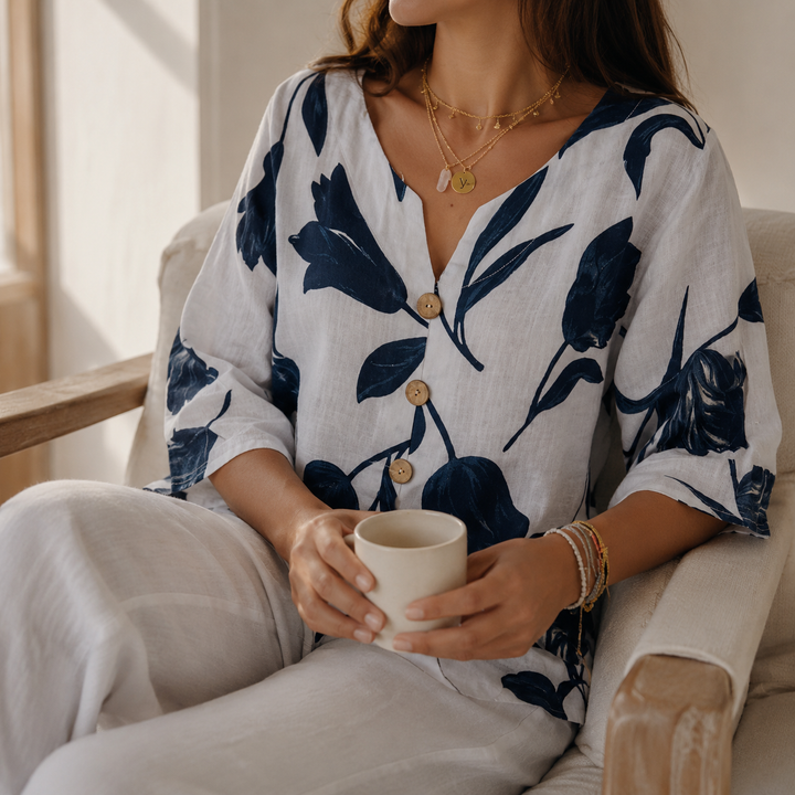 Florelle™ – Floral Linen V-Neck Popover Blouse with 3/4 Sleeves