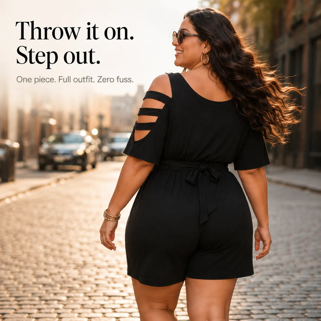 Curvella – Cold-Shoulder Belted Romper with Tie Waist & Pockets